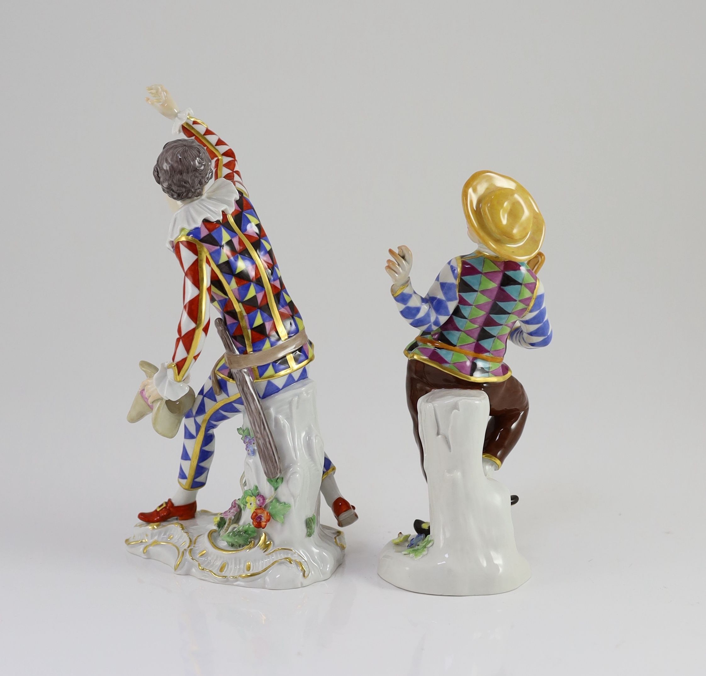 Two Meissen models of Harlequin, 20th century, 22.5 and 19cm high, both with some restoration